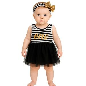 CatPapa Baby Girl First Birthday Outfit Dress Headband Stripe‎ Gold One 12M New